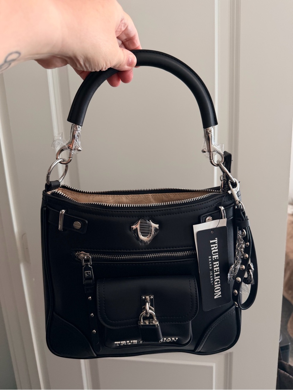 True Religion Black Structured Top-Handle Shoulder Bag